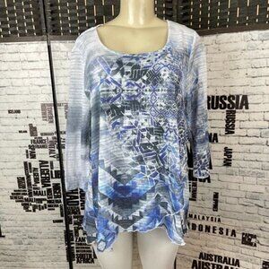 One World L Blue/Gray Print Semi- Sheer Layered  Scoop Neck 3/4 Sleeve Top